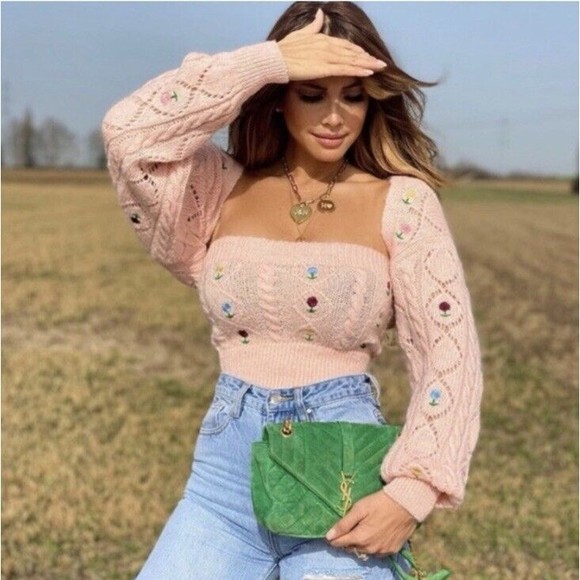 Zara Sweaters Zara Pointelle Knit Shrug Arm Warmer Crop Sweater Floral Embroidery Pink Small